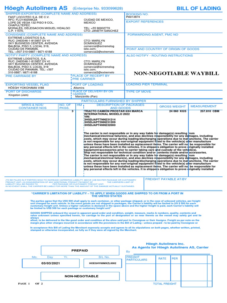 Höegh Autoliners AS NonNegotiable Waybill Download Free PDF Cargo