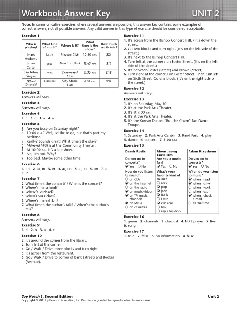 Workbook Answer Key Unit 2 Top Notch 1, Second Edition PDF