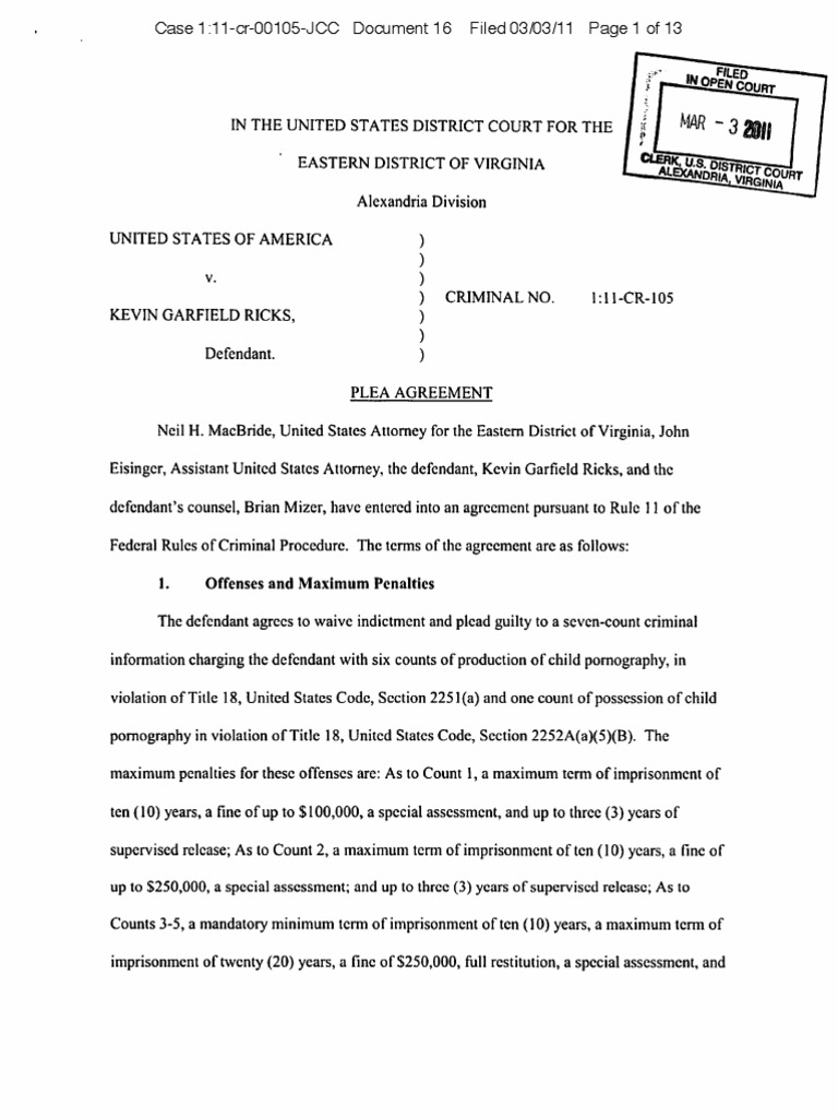 Plea Agreement: Kevin Ricks Case | PDF | Plea | United States Federal ...