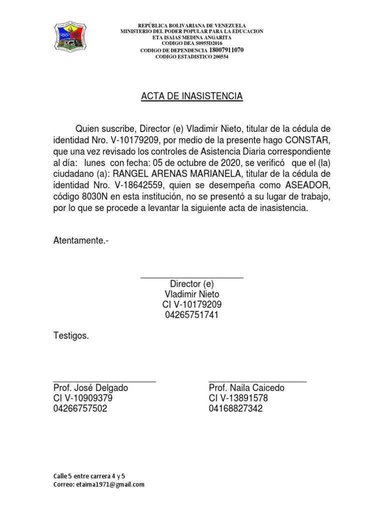 Acta de Inasistencia Laboral | PDF | Venezuela