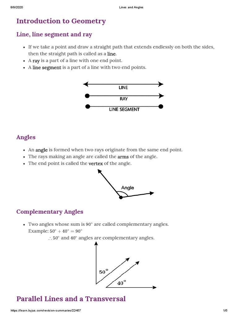 Lines and Angles Notes PDF Angle Line (Geometry)