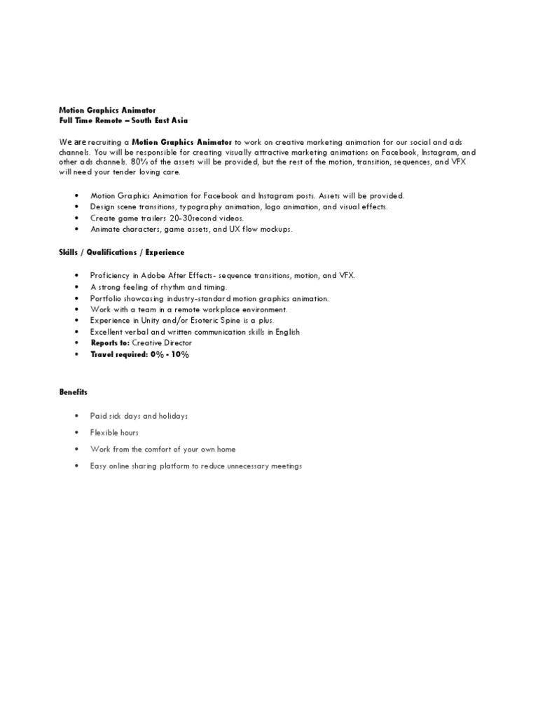 Motion Graphics Animator Job Description PDF Communication