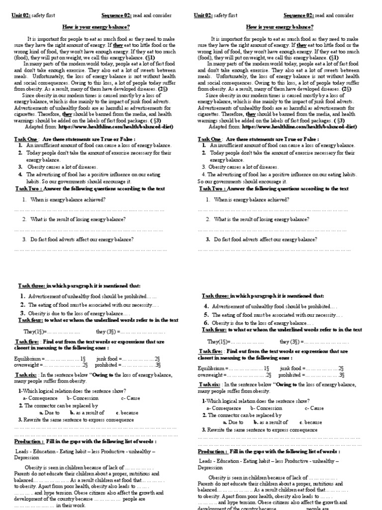 Energy Balance Worksheet PDF Obesity Foods