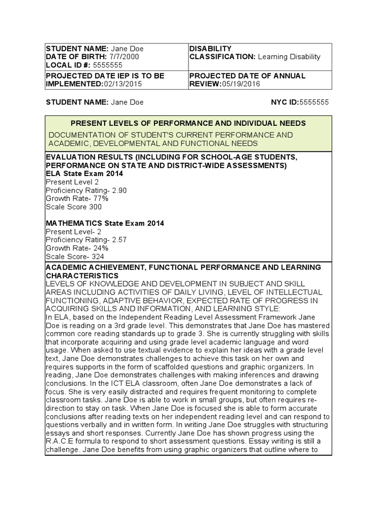 Jane Doe's IEP Overview and Needs | PDF | Individualized Education ...