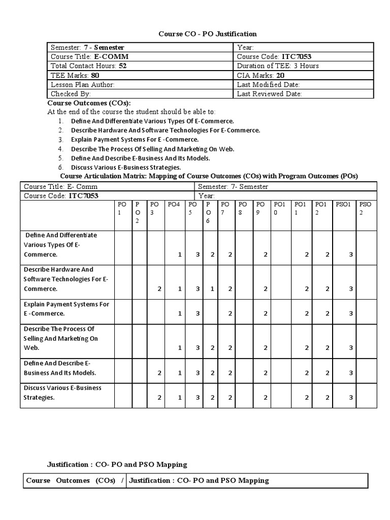 Course Co - Po Justification: Course Articulation Matrix: Mapping of ...