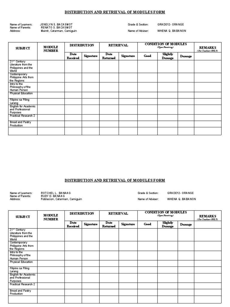Module Distribution and Retrieval Form | PDF | Philippines | Physical ...