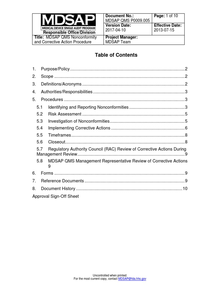 MDSAP Nonconformity Procedure Guide | PDF | Medical Device | Risk ...