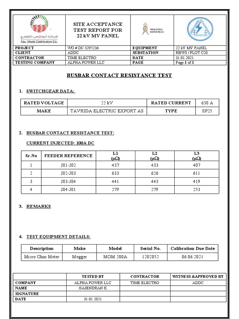 Busbar Contact Resistance Test Report PDF