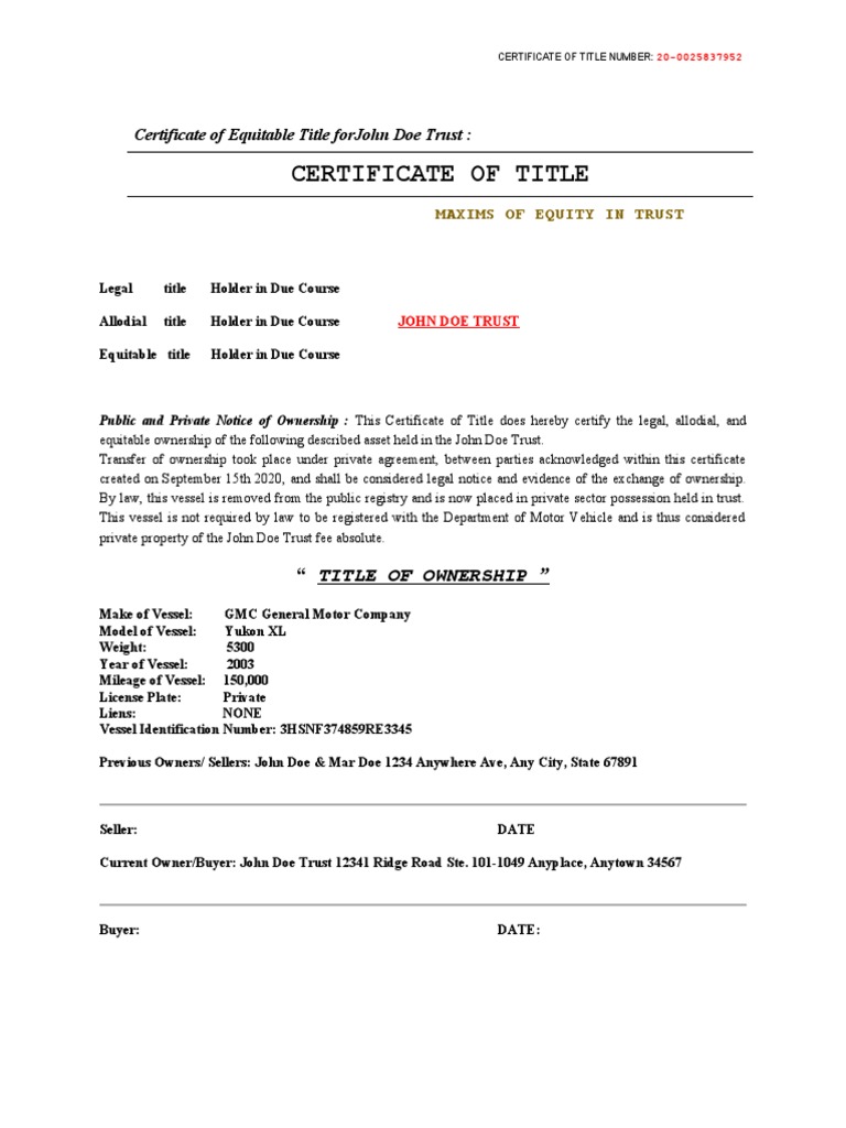Equitable Title Certificate for Vessel | PDF | Title (Property ...