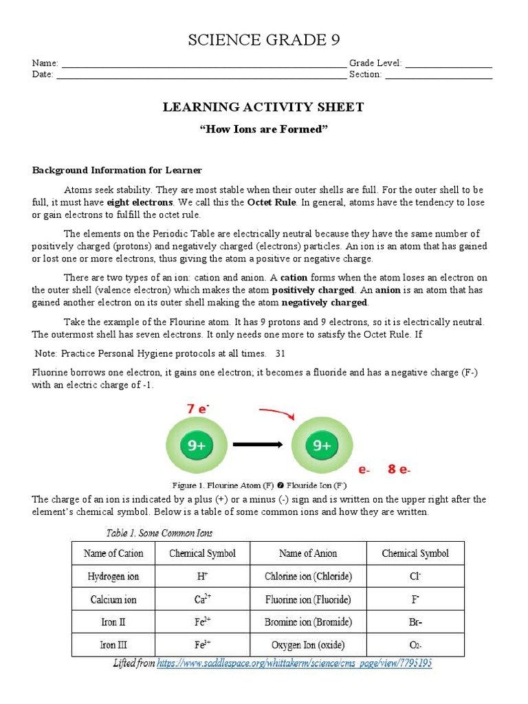 Science Grade 9: Learning Activity Sheet | PDF | Ion | Atoms