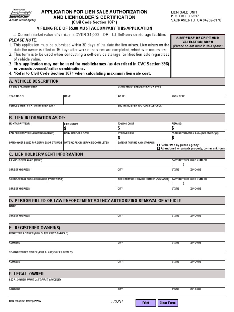 Application For Lien Sale Authorization and Lienholder&rsquo;S 