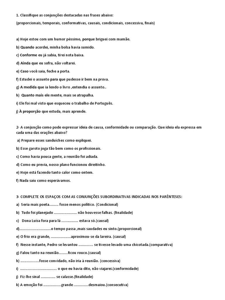 Exercícios sobre Conjunções Subordinativas | PDF | Artes Linguísticas e ...