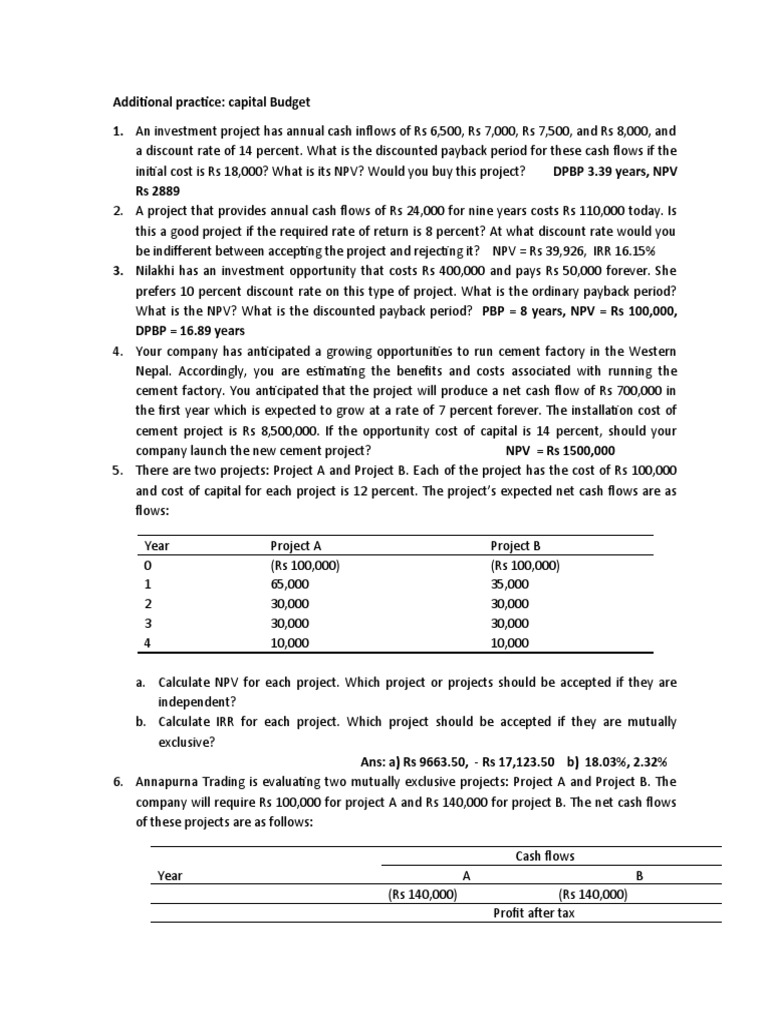 Cap Budget Add Practice PDF Net Present Value Financial Economics