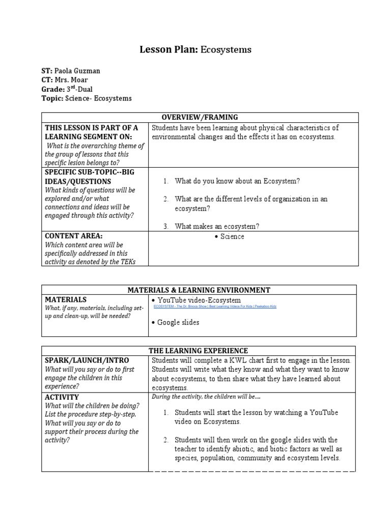 Ecosystem Lesson Plan for Grade 3 | PDF | Reading Comprehension ...