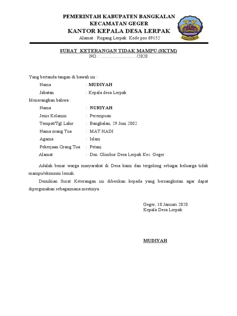 Surat Keterangan Tidak Mampu Pdf