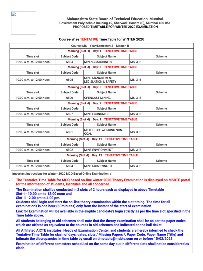 MSBTE Time Table For WINTER 2020 Examination PDF