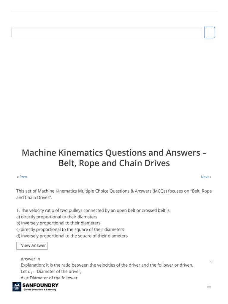 Belt, Rope & Chain Drives Machine Kinematics Questions and Answers Sanfoundry PDF Belt