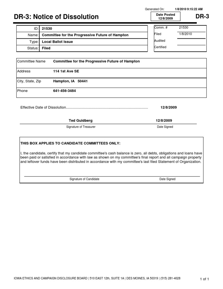 Notice of Dissolution for Hampton Committee | PDF
