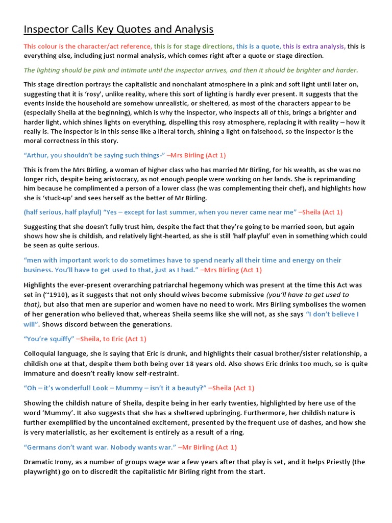 Inspector Calls Key Quotes and Analysis PDF