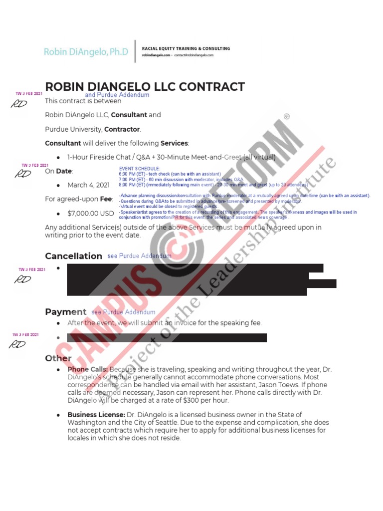 Robin DiAngelo Purdue University Contract Watermarked | PDF | Indemnity ...