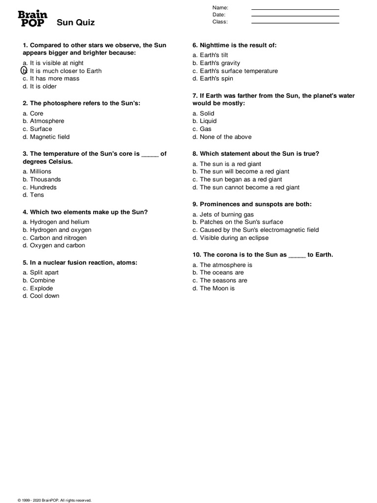 BrainPOP Sun Quiz PDF