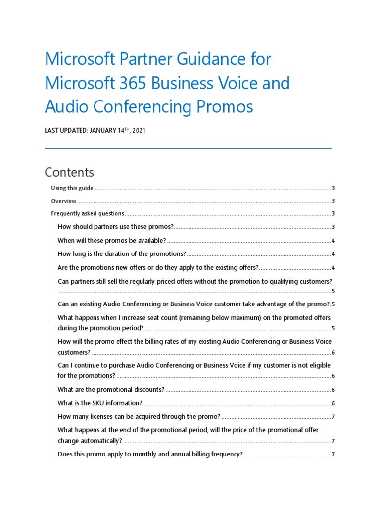 Partner Promo FAQ Microsoft 365 Business Voice and Audio Conferencing Promotions Download