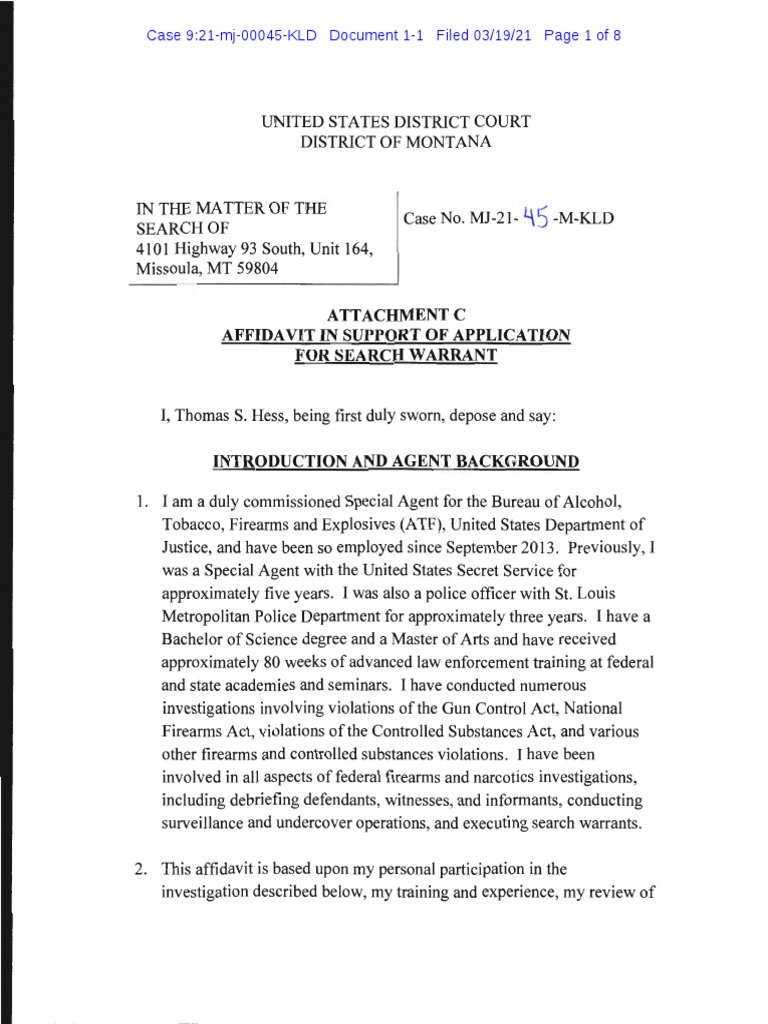 Attachment C Affidavit in Support of Application For Search Warrant ...
