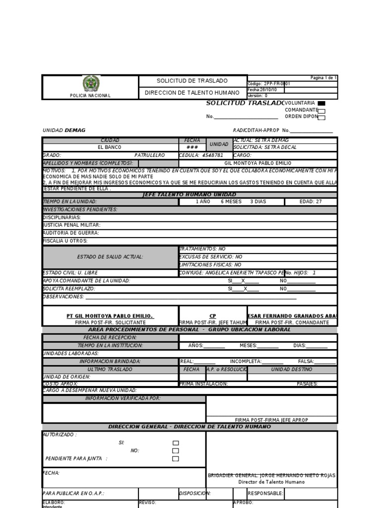 Solicitud De Traslado Militar Política