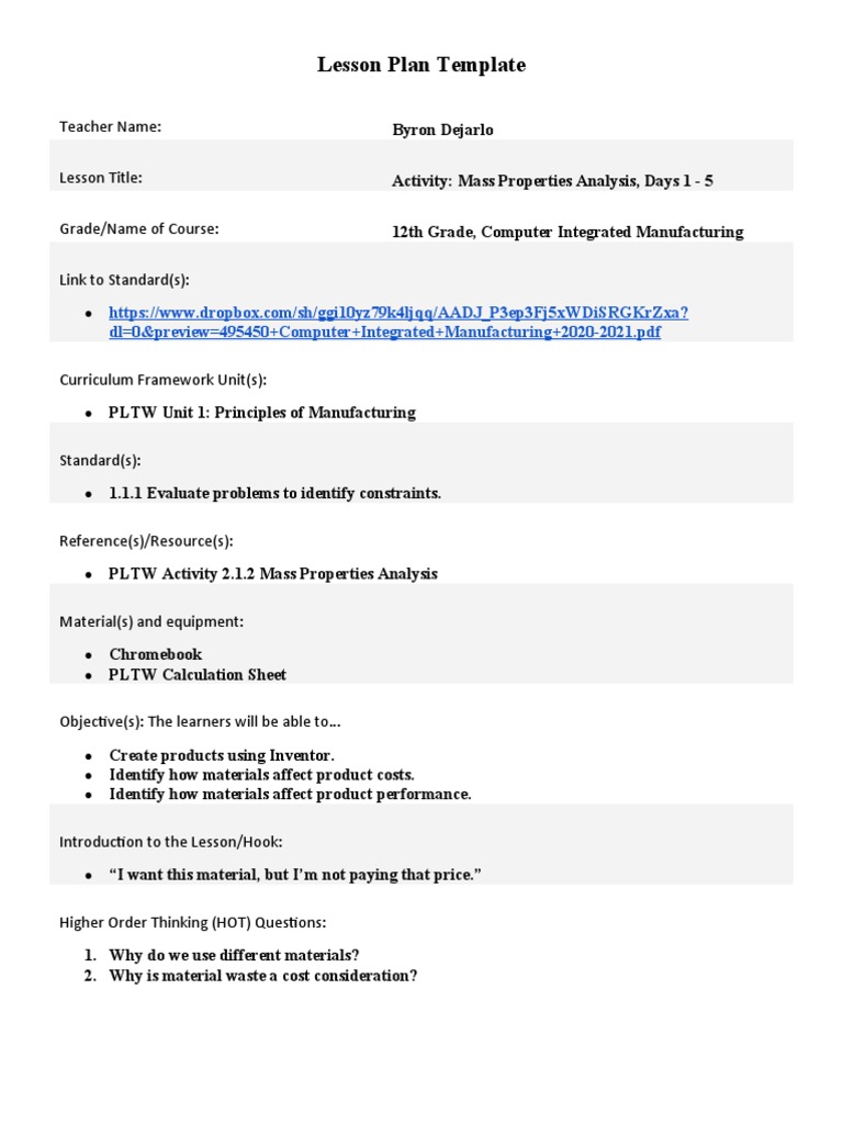 12th Grade Manufacturing Lesson | PDF