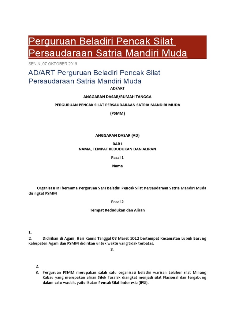 AD/ART Perguruan Pencak Silat PSMM | PDF