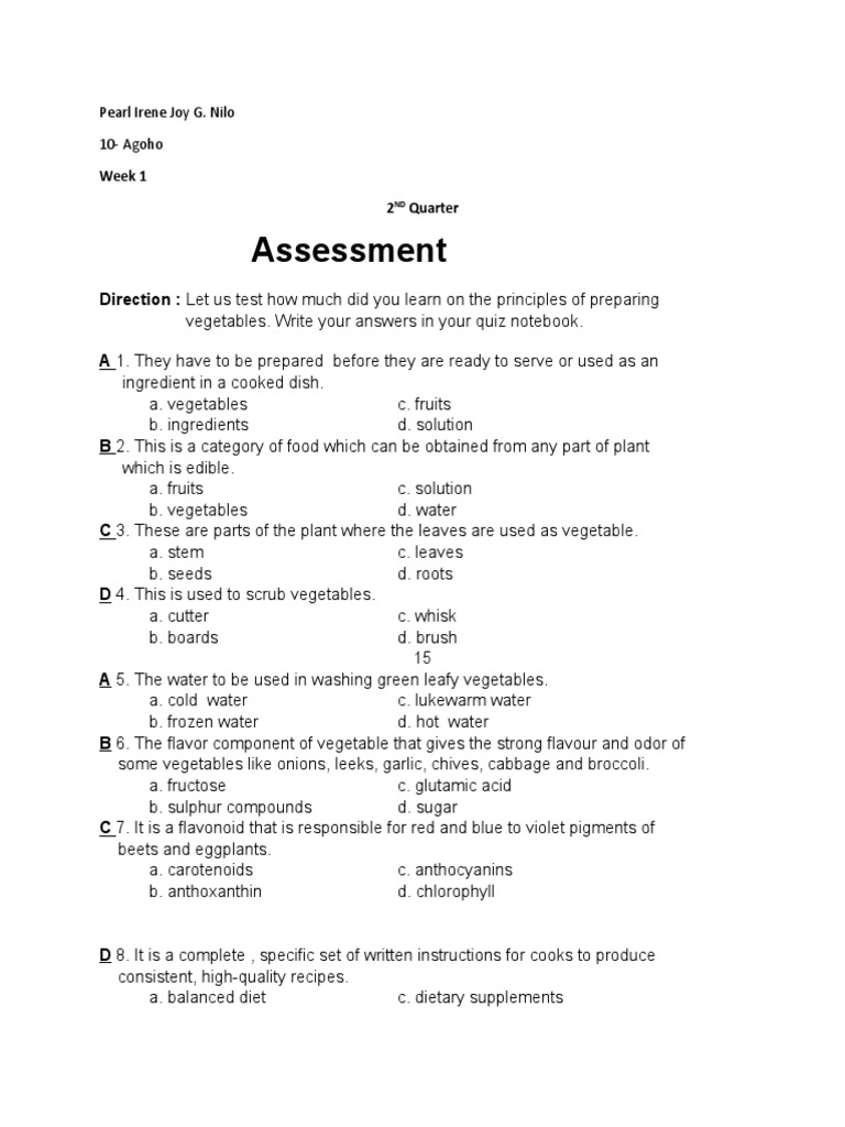 Assessment Week 1 2 Quarter PDF Vegetables Crops