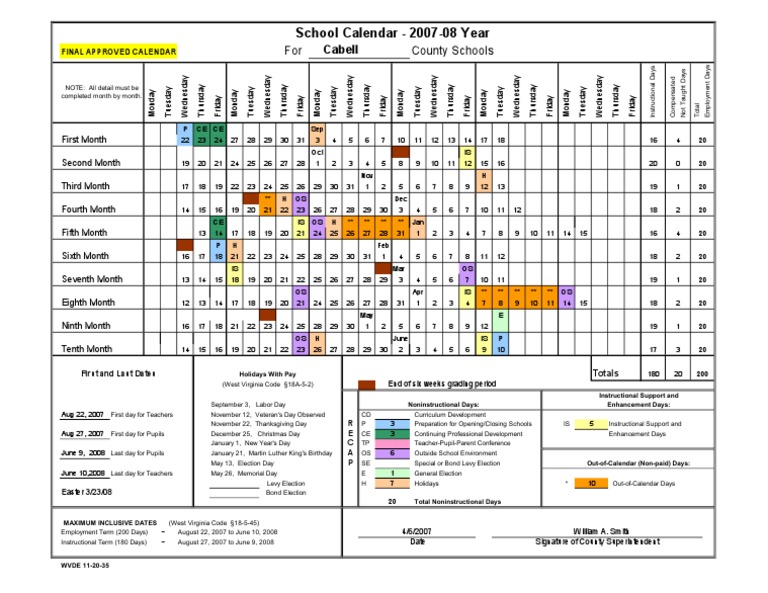 Cabell County WV Schools Calendar 07-08 | PDF | Public Holiday | Holidays