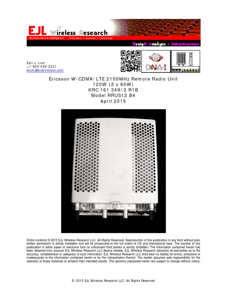 Ericsson W-Cdma/Lte 2100Mhz Remote Radio Unit 120W (2 X 60W) KRC 161 ...