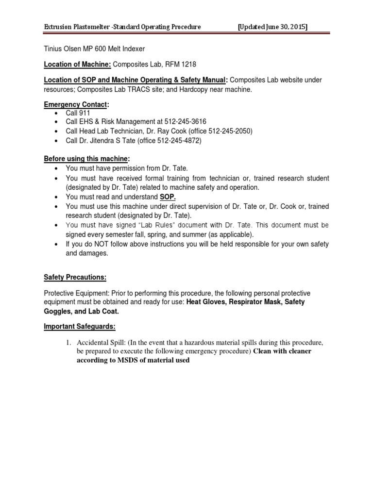 SOP+Extrusion+Plastomelter+ Updated+June+30+2015 | PDF | Flow ...