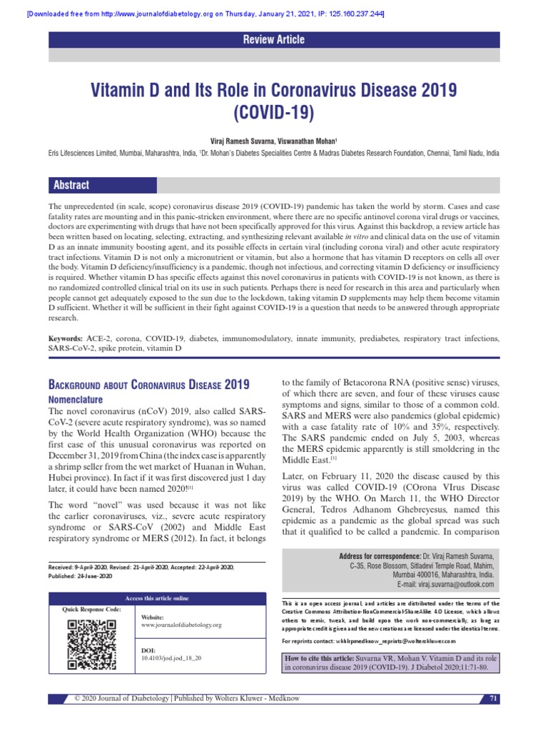 Vitamin D and Its Role in Coronavirus Disease 2019 (COVID-19) | PDF ...