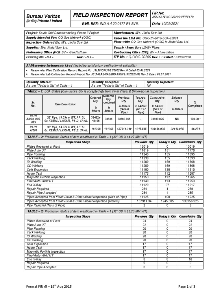 Field Inspection Report for LSAW Pipes | PDF | Pipe (Fluid Conveyance ...