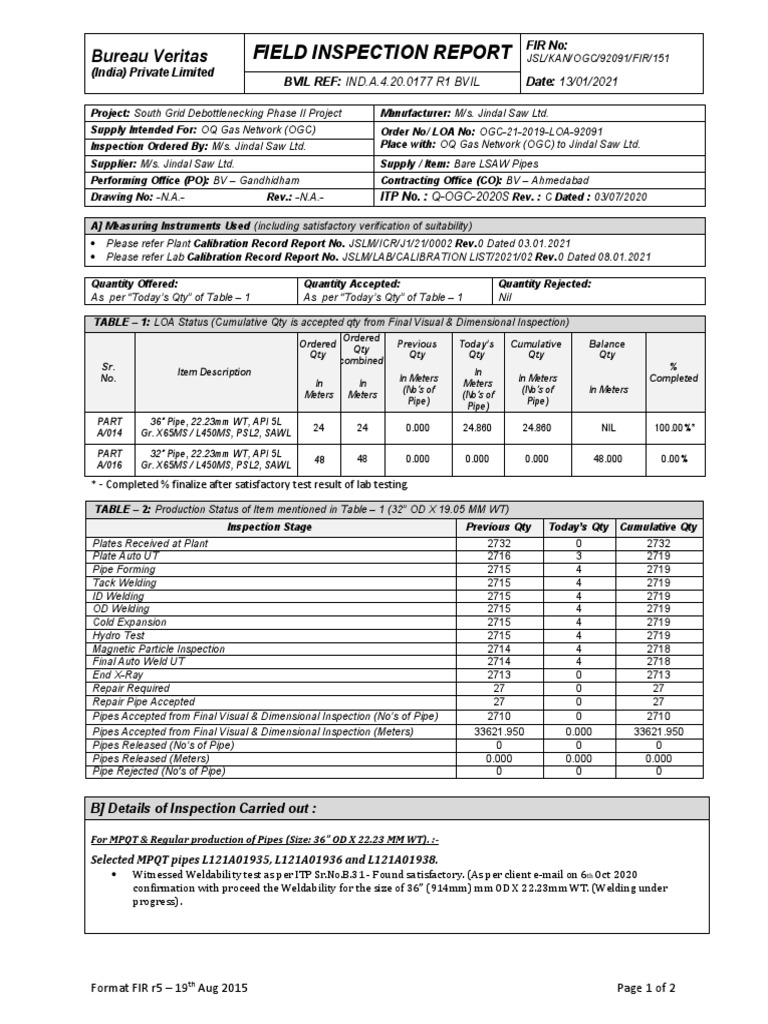 Field Inspection Report for LSAW Pipes | PDF | Welding | Construction