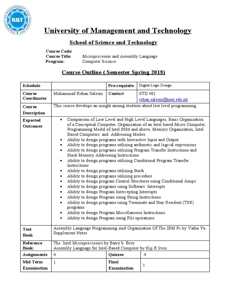 Microprocessor Course Outline 2019 | PDF | Subroutine | Computer Program