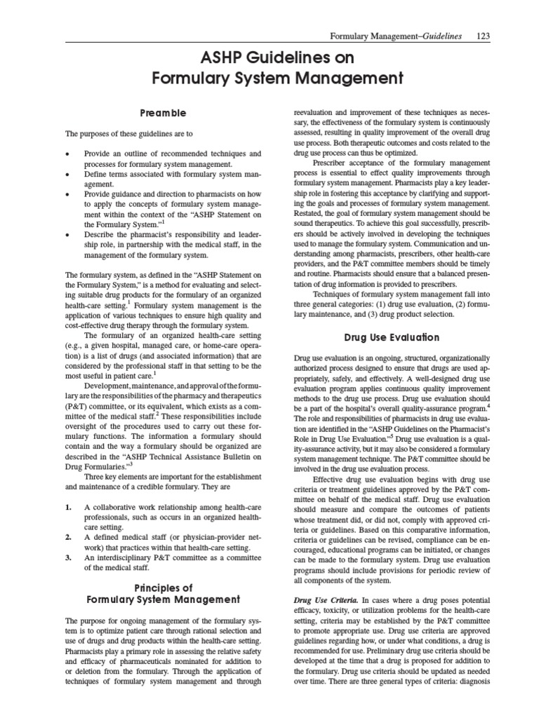 ASHP Guidelines On Formulary System Management Preamble PDF
