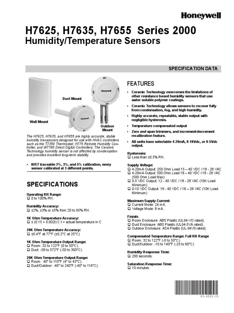 H7625, H7635, H7655 Series 2000: Humidity/Temperature Sensors | PDF ...
