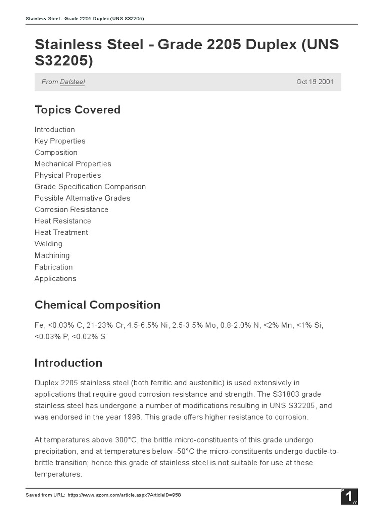 Stainless Steel Grade 2205 Duplex (UNS S32205) PDF
