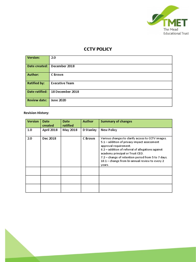 Tmet CCTV Policy v2.0 2018 12 | PDF | Closed Circuit Television ...