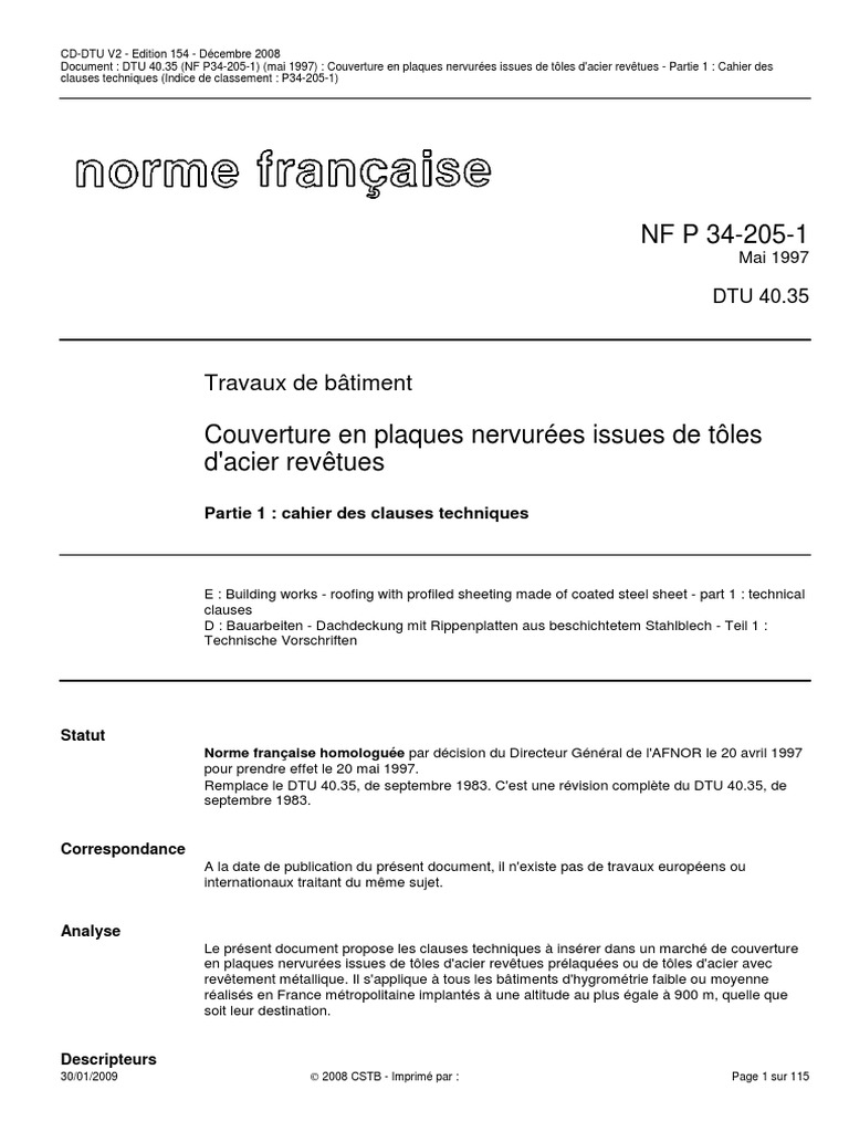 DTU 40.35 : Couverture en plaques nervurées | PDF | Code de la ...