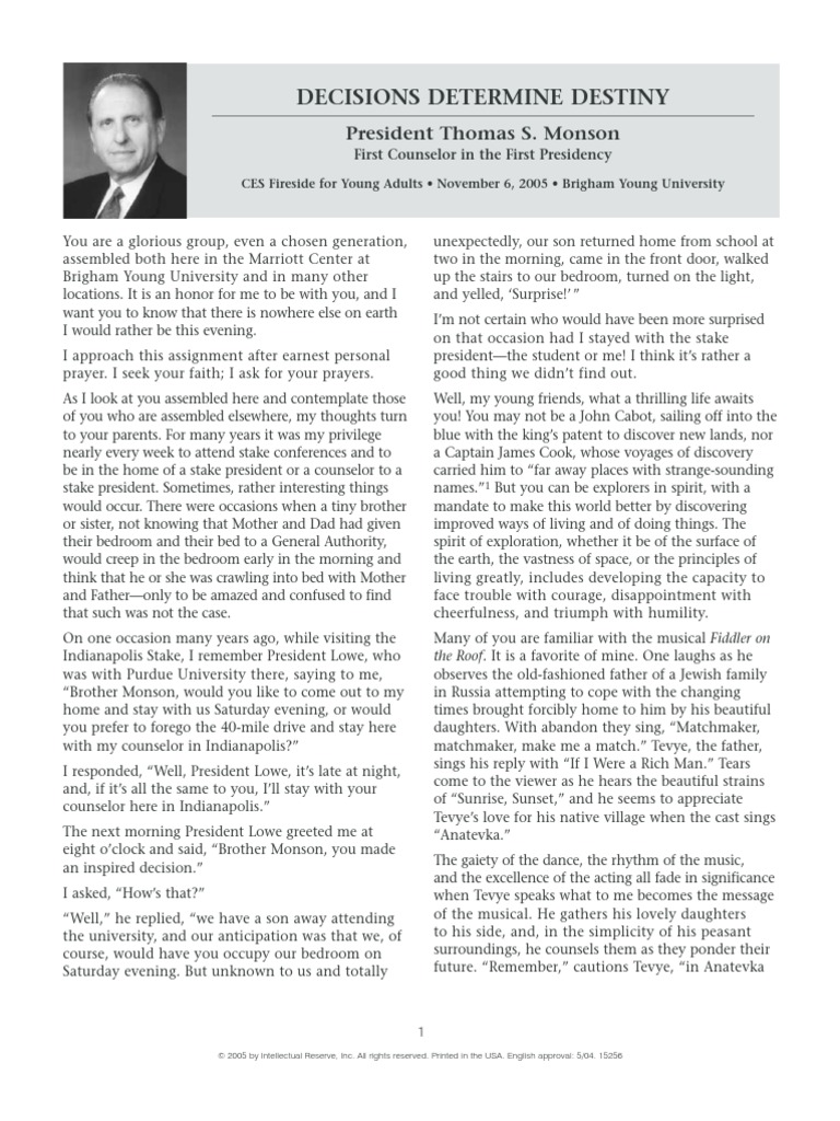 Decisions Determine Destiny: President Thomas S. Monson | PDF ...