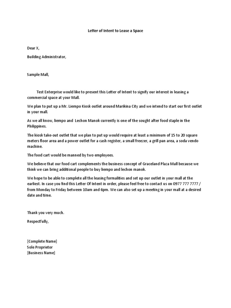Letter of Intent to Lease Mall Space | PDF | Business | Finance & Money ...