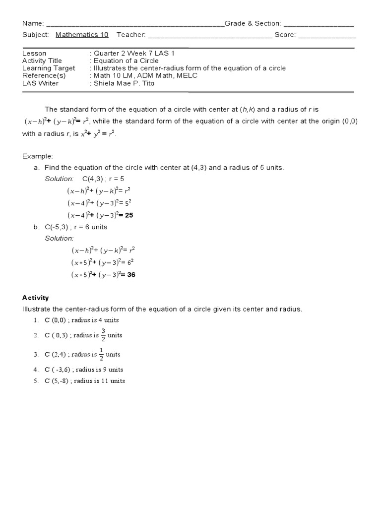 Circle Equation and Center-Radius Form | PDF | Teaching Methods & Materials