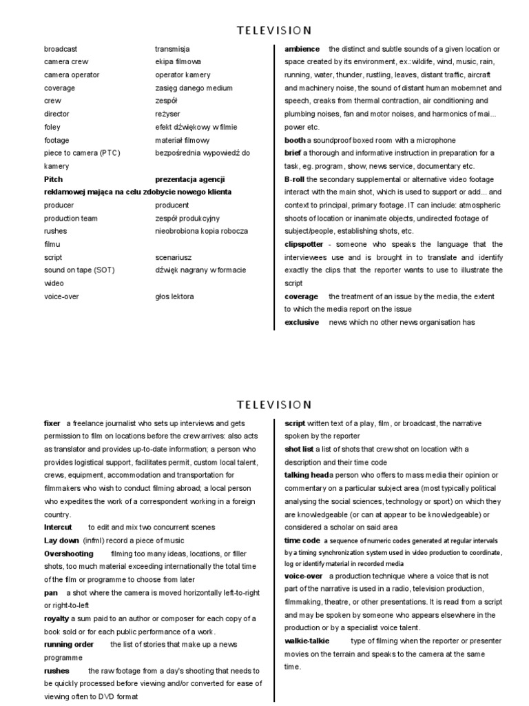 Television Production Terminology Guide | PDF | Filmmaking | Mass Media