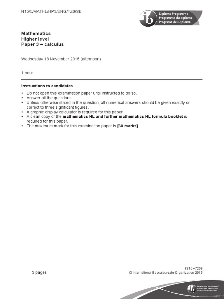 Mathematics Higher Level Paper 3 - Calculus: Instructions To Candidates ...