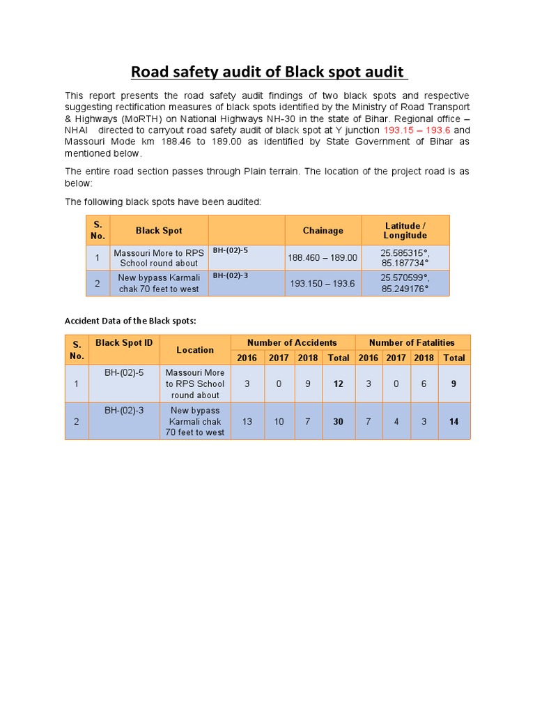 Road Safety Audit of Black Spot Audit PDF Road Lane