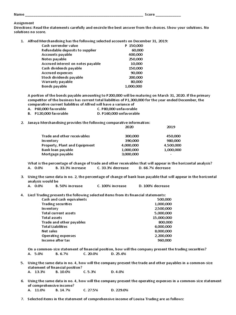 Financial Analysis Assignment Questions | PDF | Balance Sheet | Income ...
